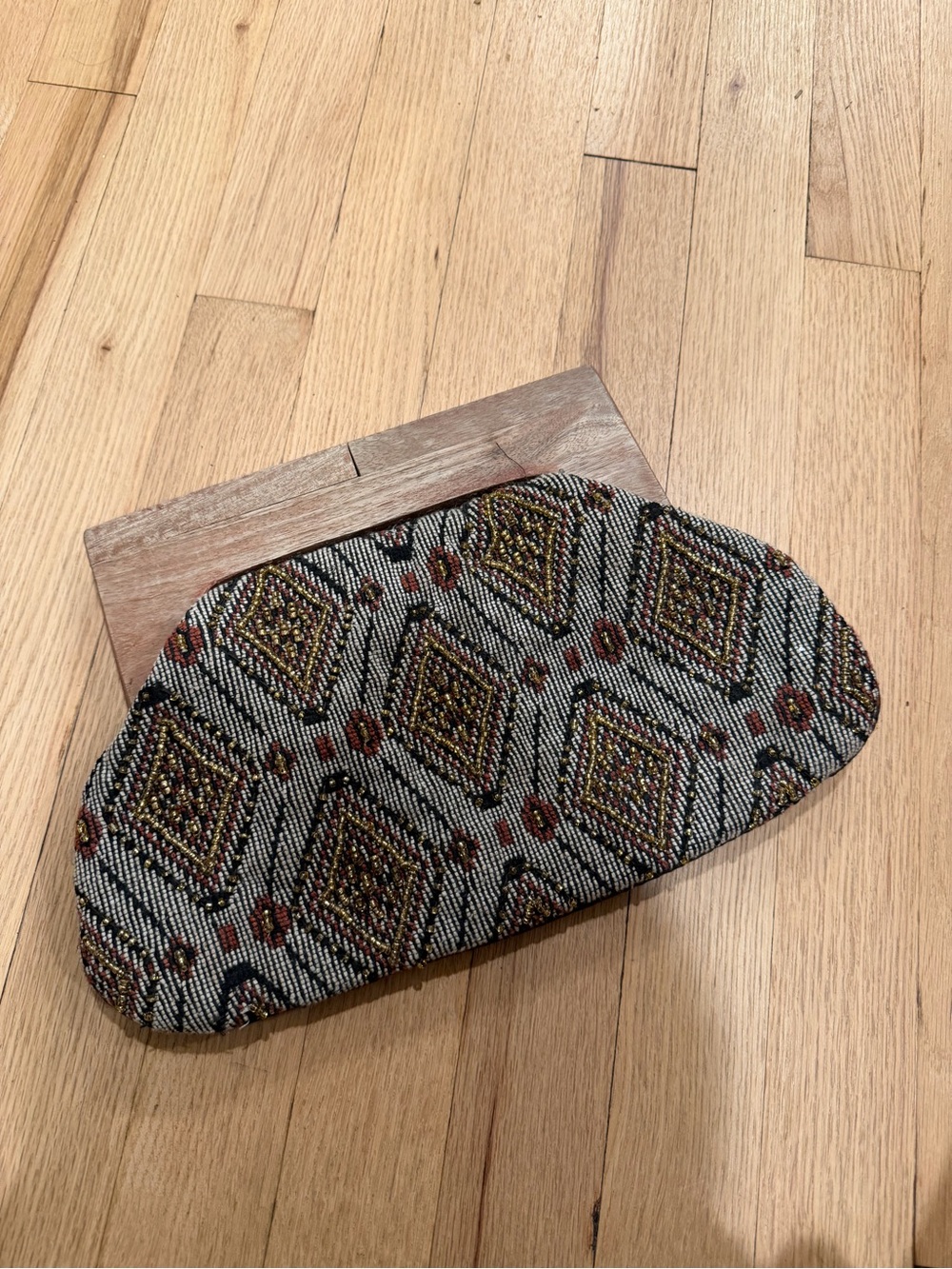 Beaded Geometric Clutch in Black, Gold & Brown